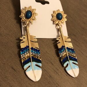 Jewelry - Gold and Blue Feather Shaped Bohemian Earrings